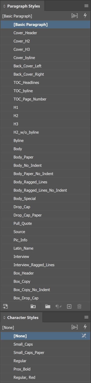 InDesign Paragraph and Character Styles Used